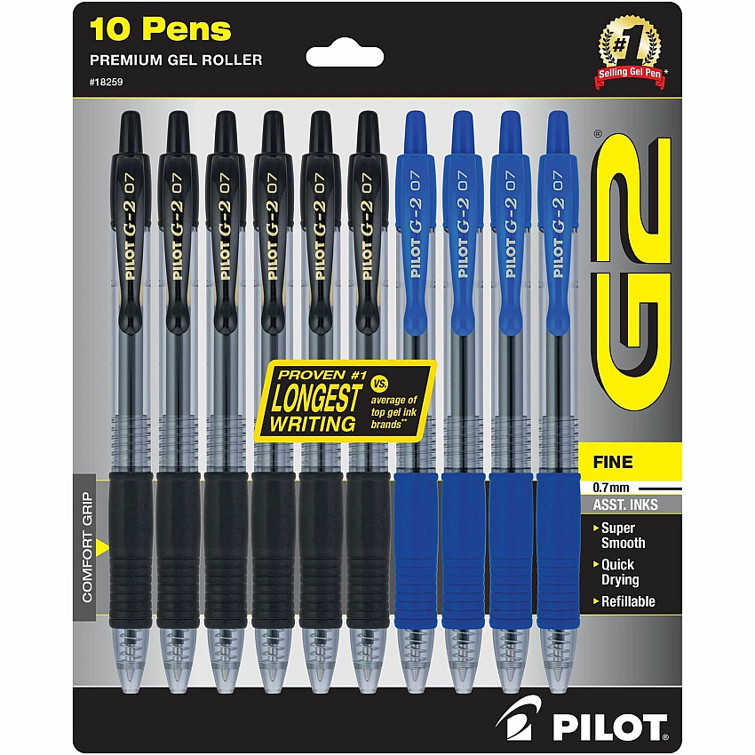 G2 Retractable Gel Ink Rolling Ball Pen Fine Pen Point - Refillable - Retractable - Assorted Ink - Liquid Gel Ink - 10 / Pack (18259)