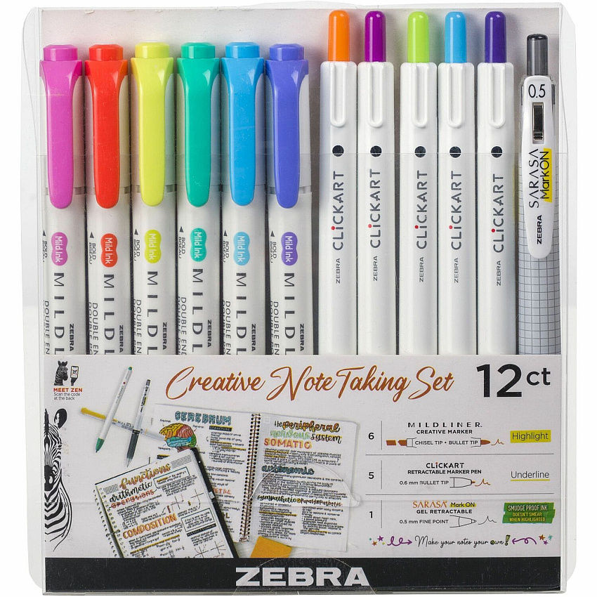 Zebra Creative Note Taking Set Fine Pen Point - Fine Marker Point - Chisel, Bullet Marker Point Style - Felt Tip - Assorted Gel-based Ink - Retractable - 12 / Pack (12012)