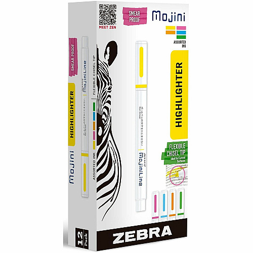 Zebra Pen Mojini Single Ended Highlighters 4 mm Chisel Marker Point - Assorted Ink - Water Based - 1 Dozen (70200)
