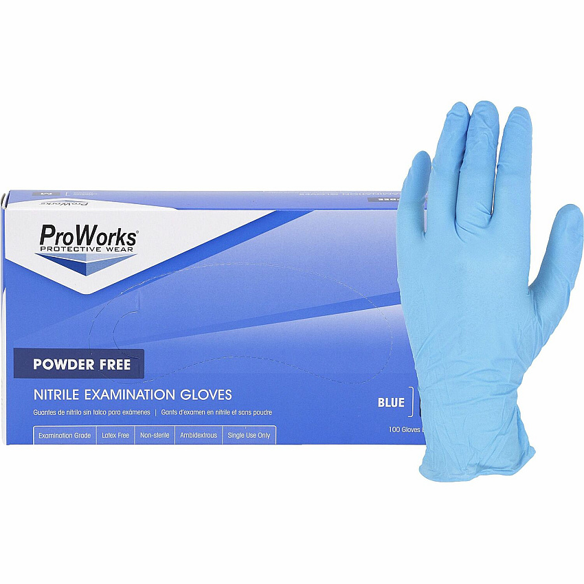 ProWorks Blue Nitrile Exam Gloves, Large, Powder-Free, 4 mil, 100/Box (GLN135FL)
