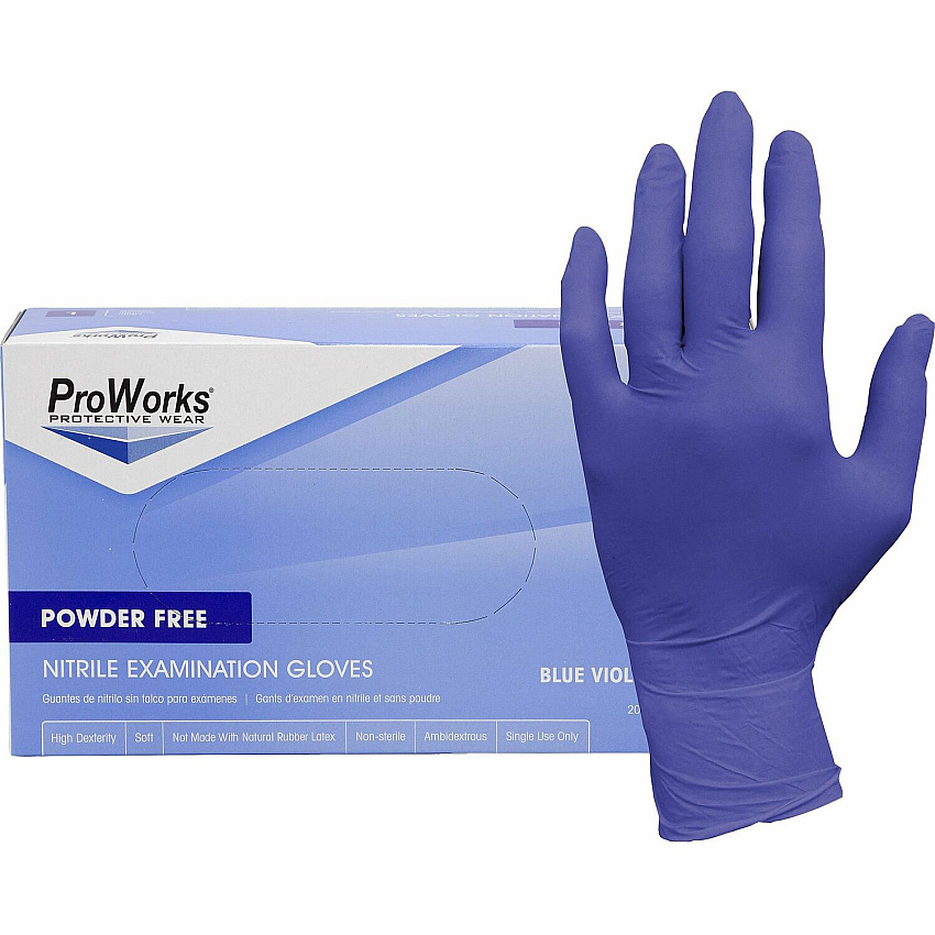 ProWorks Nitrile Powder-Free Exam Gloves 3 mil Thickness x 9.50" Glove Length - Medium Size - Nitrile - Blue Violet - Soft, Flexible, Comfortable, Latex-free, Non-sterile - For General Purpose, Industrial, Food Service, Gardening, Dental - 200/ (GLN125FM)