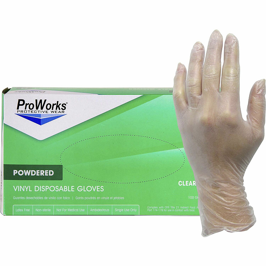ProWorks Vinyl Powdered Industrial Gloves 3 mil Thickness x 9" Glove Length - Large Size - Vinyl - Clear - Powdered, Non-sterile - For Industrial, General Purpose, Construction, Food Processing, Food Service, Hospitality - 100/Box - 10 / Carton (GLV103PL)