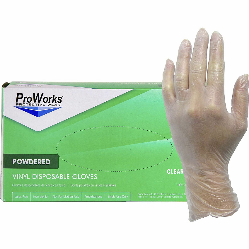 ProWorks Vinyl Powdered Industrial Gloves 3 mil Thickness x 9" Glove Length - Medium Size - Vinyl - Clear - Powdered, Non-sterile - For Industrial, General Purpose, Construction, Food Processing, Food Service, Hospitality - 100/Box - 10 / Carto (GLV103PM)