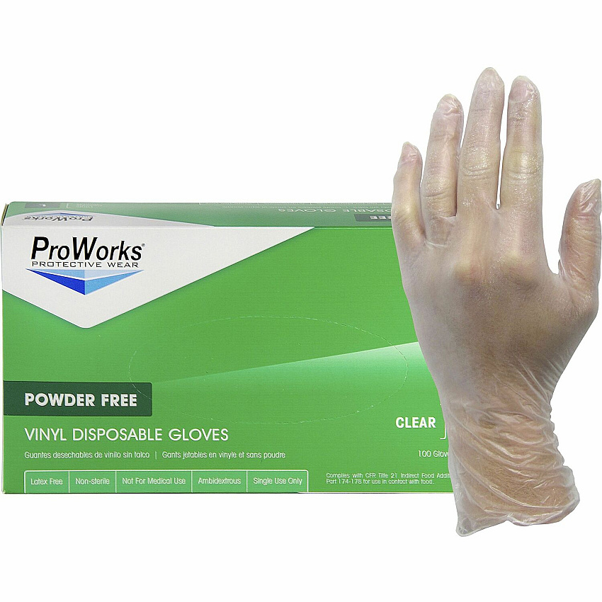 ProWorks Vinyl Powder-Free Industrial Gloves 3 mil Thickness x 9" Glove Length - Large Size - Vinyl - Clear - Non-sterile - For Industrial, Food Processing, Construction, Food Service, Hospitality, General Purpose - 100/Box - 10 / Carton (GLV103FL)