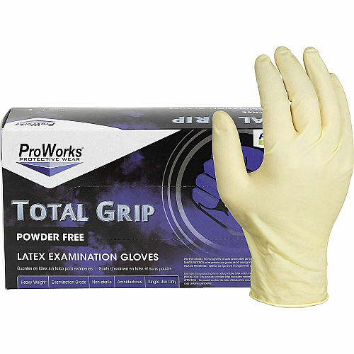 ProWorks Total Grip Latex Powder Free Exam Gloves 8 mil Thickness x 9.40" Glove Length - X-Large Size - For Right/Left Hand - Latex - Natural - Double Chlorinated, Non-sterile - For Automotive, Aerospace, Correction, Laboratory, Oil & Gas, Pain (GLL165FX)