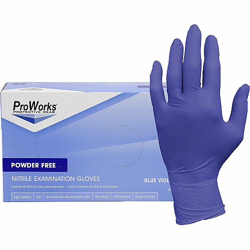 ProWorks Nitrile Powder-Free Exam Gloves 3 mil Thickness x 9.50" Glove Length - Large Size - Nitrile - Blue Violet - Soft, Flexible, Comfortable, Latex-free, Non-sterile - For General Purpose, Industrial, Food Service, Gardening, Dental - 200/B (GLN125FL)