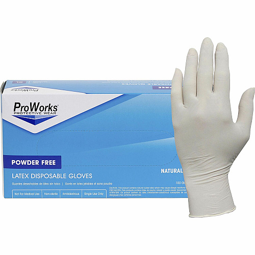 ProWorks Latex Powder-Free Disposable General-Purpose Gloves 5 mil Thickness x 9.50" Glove Length - Large Size - Latex - Natural - Comfortable, Non-sterile, Textured Fingertip - For Food Service, General Purpose, Industrial, Manufacturing, Offi (GLL105FL)