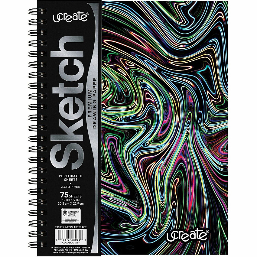 Pacon Fashion Sketch Book 75 Pages - Spiral - 120 g/m² Grammage - 9" x 6" Sheet Size - Neon Neon Squiggles Cover - Acid-free, Perforated, Durable - 1 Each (P38035)