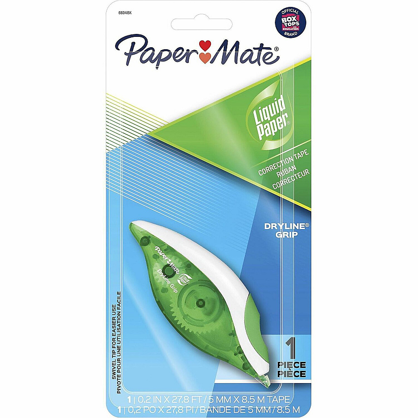 Paper Mate DryLine Grip Correction Tape 0.20" Tape Width x 27.80 ft Tape Length - Green, White, Transparent Dispenser - Smooth, Mess-free, Swivel Tip, Ergonomic, Tear Resistant - White - 1 / Pack (660415K)
