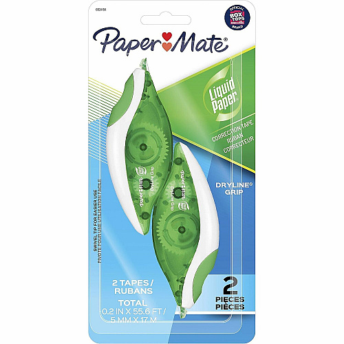 Paper Mate DryLine Grip Correction Tape 0.20" Tape Width x 27.80 ft Tape Length - Green, White, Transparent Dispenser - Smooth, Mess-free, Swivel Tip, Ergonomic, Tear Resistant - White - 2 / Pack (662415K)