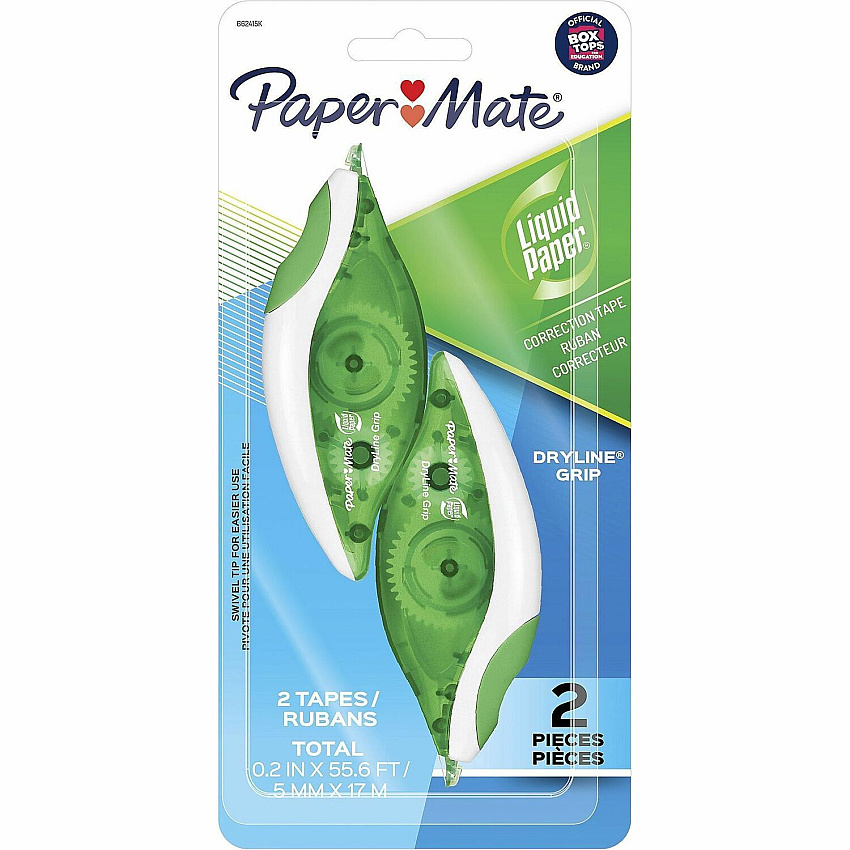Paper Mate DryLine Grip Correction Tape 0.20" Tape Width x 27.80 ft Tape Length - Green, White, Transparent Dispenser - Smooth, Mess-free, Swivel Tip, Ergonomic, Tear Resistant - White - 2 / Pack (662415K)