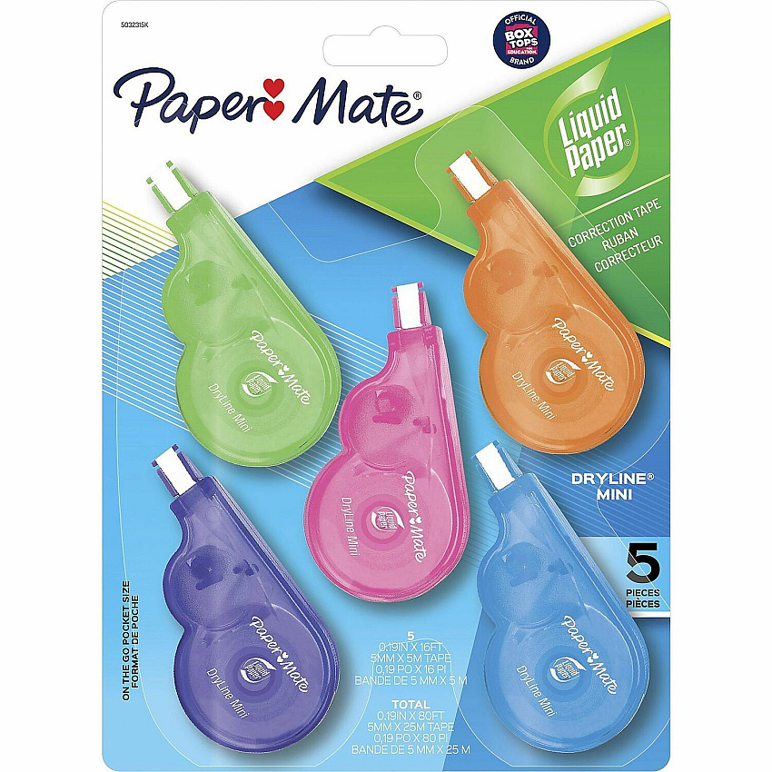 Paper Mate Dryline Mini Grip Correction Tape 0.20" Tape Width x 16.40 ft Tape Length - White Tape - Assorted Dispenser - Break Resistant, Mess-free - White - 5 / Pack (5032315K)