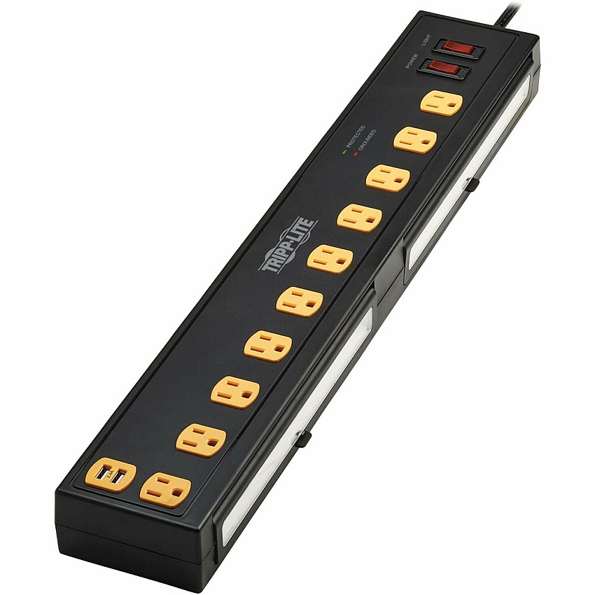Tripp Lite by Eaton Protect It! 10-Outlet Surge Protector with Swivel Light Bars - 5-15R Outlets, 2 USB Ports, 6 ft. (1.8 m) Cord, 1350 Joules, Black 10 x NEMA 5-15R - 1350 J - 120 V AC Input - USB - 6 ft (TLP1006USB)