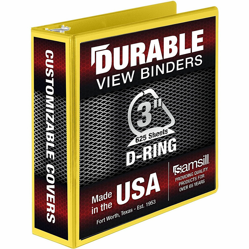 Samsill Durable Three-Ring View Binder 3" Binder Capacity - 625 Sheet Capacity - 3 Ring(s) - Fastener(s): D-Ring - Pocket(s): 2, Internal - Polypropylene, Chipboard - Yellow - Recycled - Durable, PVC-free, Ink-transfer Resistant, Clear Overlay, St (16481)