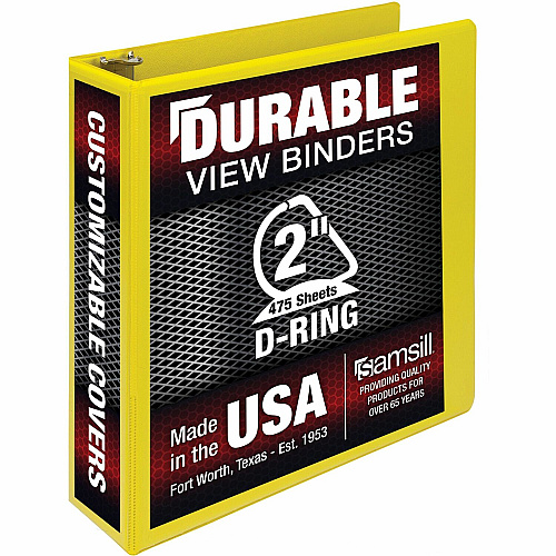 Samsill Durable Three-Ring View Binder 2" Binder Capacity - 475 Sheet Capacity - 3 Ring(s) - Fastener(s): D-Ring - Pocket(s): 2, Internal - Polypropylene, Chipboard - Yellow - Recycled - Durable, PVC-free, Ink-transfer Resistant, Clear Overlay, St (16461)