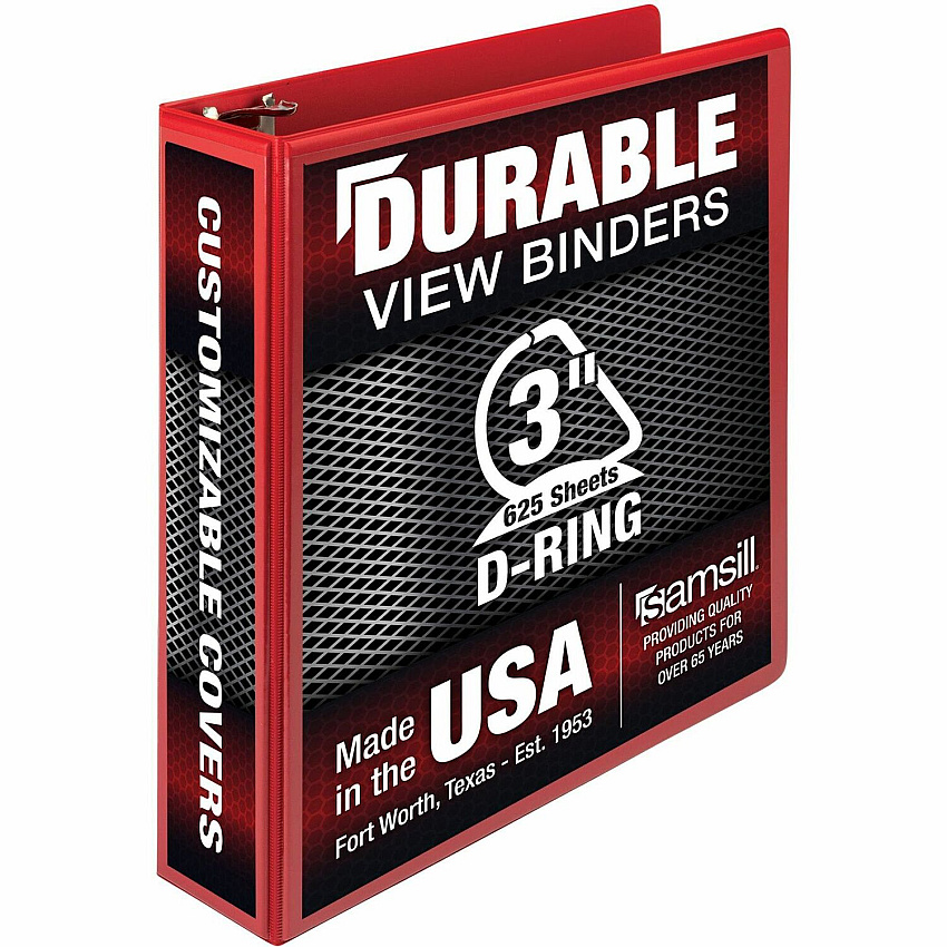 Samsill Durable Three-Ring View Binder 3" Binder Capacity - 625 Sheet Capacity - 3 Ring(s) - Fastener(s): D-Ring - Pocket(s): 2, Internal - Polypropylene, Chipboard - Red - Recycled - Durable, PVC-free, Ink-transfer Resistant, Clear Overlay, Sturd (16483)