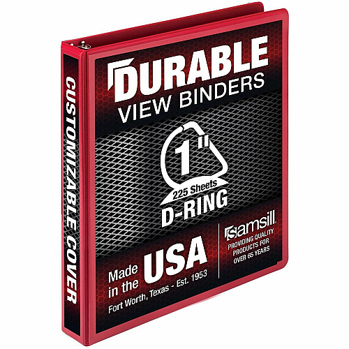 Samsill Durable Three-Ring View Binder 1" Binder Capacity - 225 Sheet Capacity - 3 Ring(s) - Fastener(s): D-Ring - Pocket(s): 2, Internal - Polypropylene, Chipboard - Red - Recycled - Durable, PVC-free, Ink-transfer Resistant, Clear Overlay, Sturd (16433)
