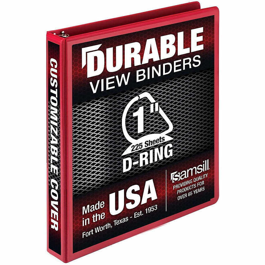 Samsill Durable Three-Ring View Binder 1" Binder Capacity - 225 Sheet Capacity - 3 Ring(s) - Fastener(s): D-Ring - Pocket(s): 2, Internal - Polypropylene, Chipboard - Red - Recycled - Durable, PVC-free, Ink-transfer Resistant, Clear Overlay, Sturd (16433)
