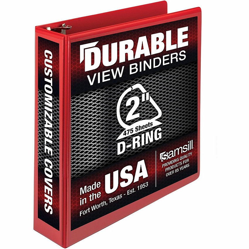 Samsill Durable Three-Ring View Binder 2" Binder Capacity - 475 Sheet Capacity - 3 Ring(s) - Fastener(s): D-Ring - Pocket(s): 2, Internal - Polypropylene, Chipboard - Red - Recycled - Durable, PVC-free, Ink-transfer Resistant, Clear Overlay, Sturd (16463)