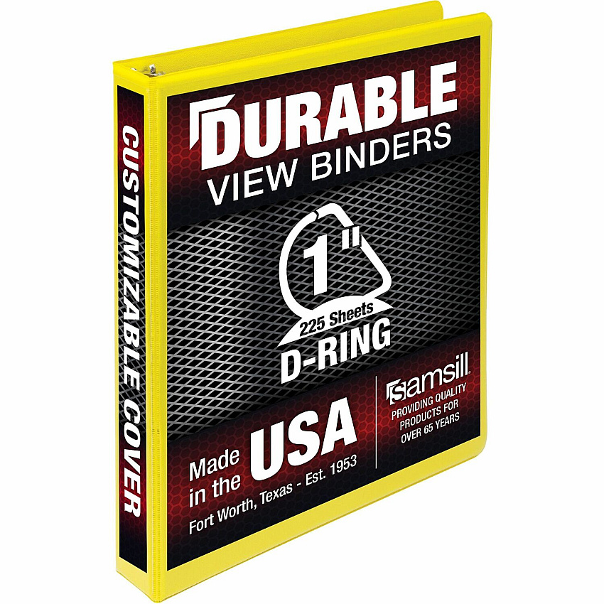 Samsill Durable Three-Ring View Binder 1" Binder Capacity - 225 Sheet Capacity - 3 Ring(s) - Fastener(s): D-Ring - Pocket(s): 2, Internal - Polypropylene, Chipboard - Yellow - Recycled - Durable, PVC-free, Ink-transfer Resistant, Clear Overlay, St (16431)