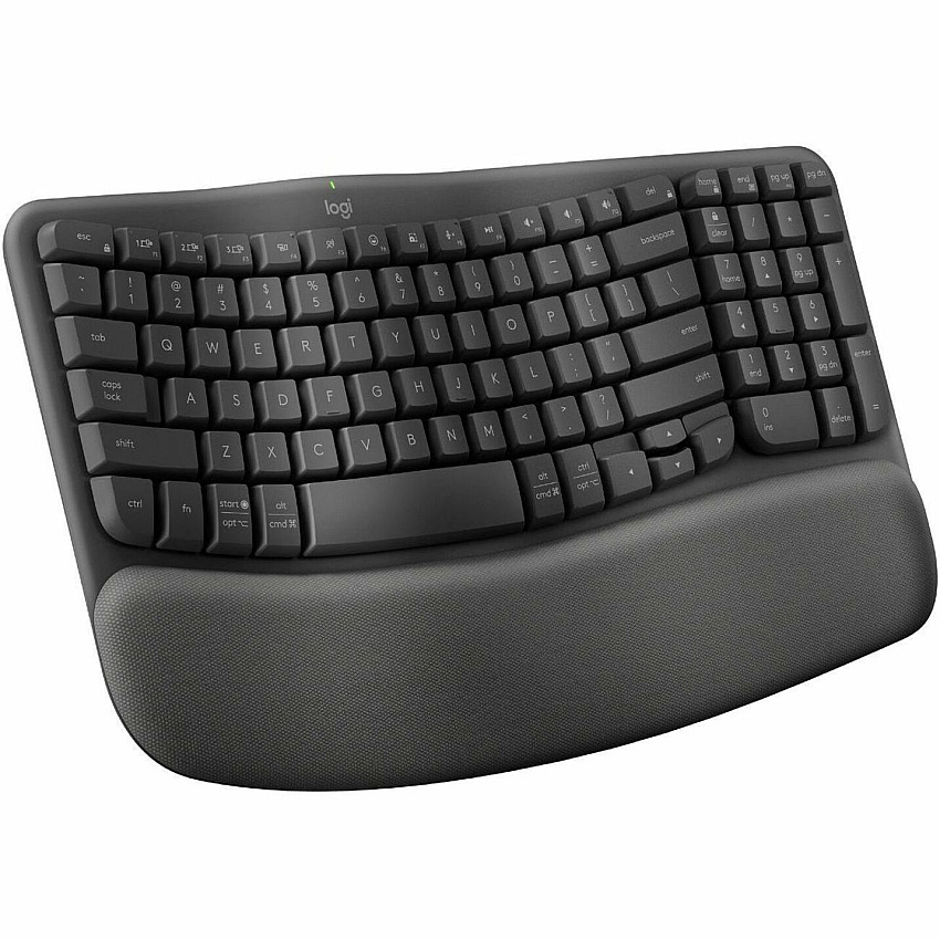 Logitech Wave Keys for Business Ergonomic Keyboard Wireless Connectivity - Bluetooth - 5.1 - 32.81 ft - USB Type A Interface - Windows, Mac OS, ChromeOS - Computer - PC, Mac - AAA Battery Size Supported - Graphite (920012058)
