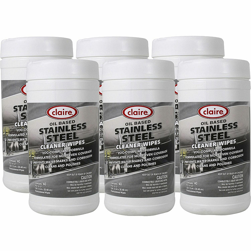 Claire Stainless Steel Wipes Citrus Scent - 12" Length x 9.50" Width - Pre-moistened - Gray - 40/Tub - 6 / Carton (CL993CT)