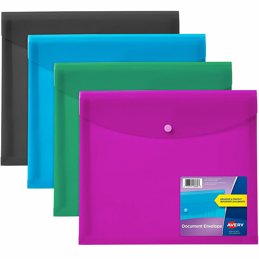 Avery Letter, A4 Recycled Filing Envelope 450 Sheets Capacity - Plastic, Polypropylene - Black, Aqua, Sage, Plum - 0% Recycled - 4 / Pack (73556)