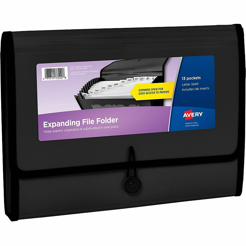 Avery Letter, A4 Expanding File 425 Sheets Capacity - 13 Pocket(s) - Polypropylene, Plastic, Fabric - Black - 0% Recycled - 1 Each (73553)