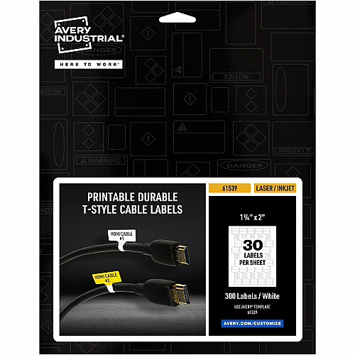 Avery Cable Labels, T-Style, 1.25" x 2" , 300 Total Waterproof - 1 1/4" Width x 2" Length - Permanent Adhesive - T-shaped - Inkjet, Laser - White - Film - Durable, Uncoated, Chlorine-free, PVC-free, Tear Resistant, Print-to-the Edge, Write-on Labe (61539)
