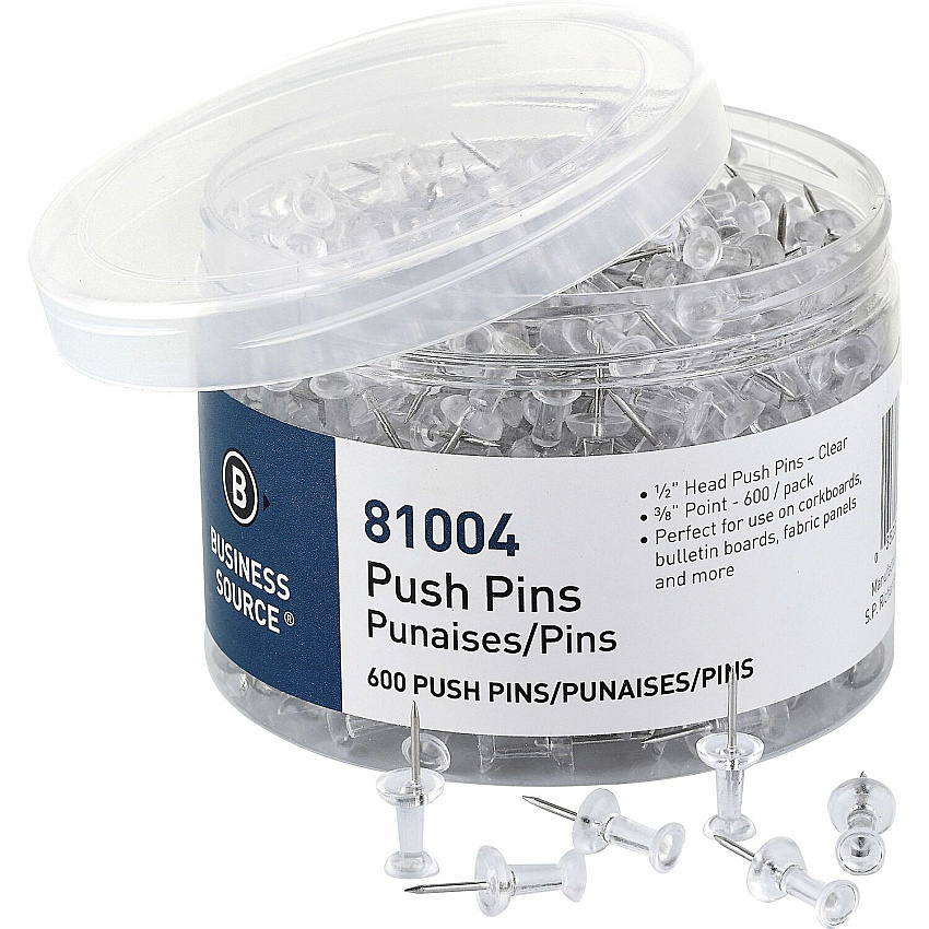 Business Source 1/2" Head Pushpins 0.50" Head - for Notes, Photo, Corkboard, Bulletin Board, Fabric Panel - Clear - 600 / Pack (BSN81004)