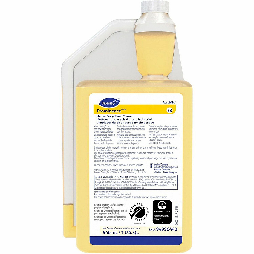 Diversey Prominence Heavy Duty Floor Cleaner Concentrate - 32 fl oz (1 quart) - Citrus Scent - Heavy Duty, Film-free, Rinse-free, pH Neutral, Dilutable - Yellow - 1 Each (94996440)