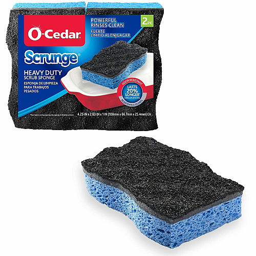 O-Cedar Scrunge Heavy-Duty Scrub Sponge 4.2" Width x 2.6" Depth x 7.5" Length - 2 / Pack - Cellulose - Multi, Blue, Black (148377)