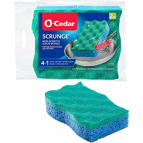 O-Cedar Scrunge Non-Scratch Scrub Sponge 4.2" Width x 2.6" Depth x 4.2" Length - 2 / Pack - Cellulose, Synthetic Fiber - Multi, Blue, Green (169431)
