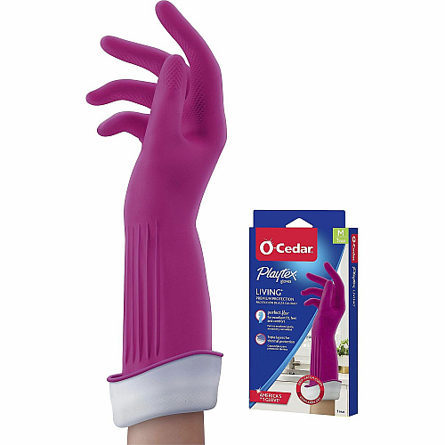O-Cedar Playtex Living Gloves 14" Glove Length - Chemical, Bacteria Protection - Medium Size - Latex, Neoprene, Nitrile - Pink - Anti-microbial, Reusable, Durable, Comfortable, Odor Resistant, Textured Palm, Textured Fingertip - For Household, Cl (166119)