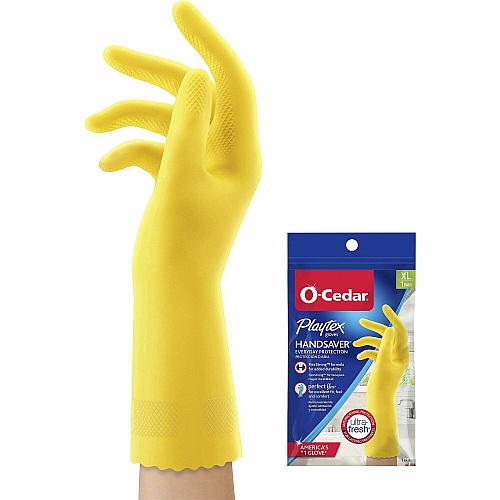O-Cedar Playtex Handsaver Gloves Hot Water, Chemical Protection - X-Large Size - Latex, Nitrile, Neoprene - Yellow - Long Lasting, Durable, Anti-microbial, Odor Resistant, Comfortable, Textured Fingertip, Textured Palm, Reusable - For Household - (163670)