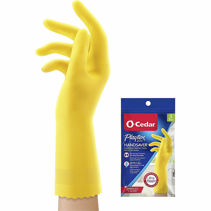 O-Cedar Playtex Handsaver Gloves Hot Water, Chemical Protection - Small Size - Latex, Nitrile, Neoprene - Yellow - Long Lasting, Durable, Anti-microbial, Odor Resistant, Comfortable, Textured Fingertip, Textured Palm, Reusable - For Household - 2 (163677)