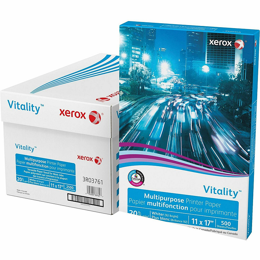Xerox Vitality Multipurpose Printer Paper 92 Brightness - 11" x 17" - 20 lb Basis Weight - 75 g/m² Grammage - ColorLok Technology, Jam-free, Plain - White - 500 Sheets per Ream - 5 / Carton (3R03761CT)