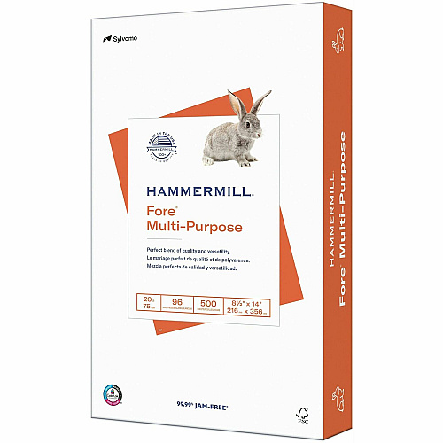 Hammermill Fore Multi-Purpose 20 lb. Paper 96 Brightness - 90% Opacity - 8 1/2" x 14" - 20 lb Basis Weight - 75 g/m² Grammage - Jam-free, ColorLok Technology, Acid-free, Fast-drying, Double-sided - White - 500 Sheets per Ream - 10 / Carton (103291CT)