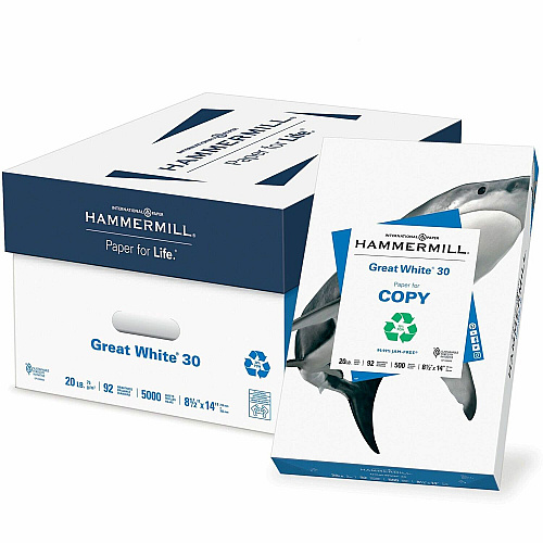 Hammermill Great White 30 Copy Paper 92 Brightness - 88% Opacity - 8 1/2" x 14" - 20 lb Basis Weight - 75 g/m² Grammage - Acid-free, Jam-free - White - 500 Sheets per Ream - 10 / Carton (86704CT)
