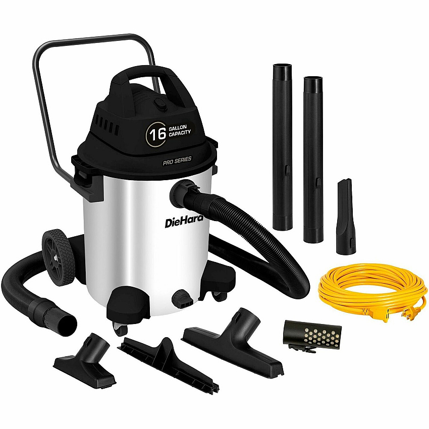 DieHard 16-Gallon 6.5 HP Pro Series Wet/Dry Vacuum 16 gal - Squeegee, Hose, Wand, Filter, Crevice Tool, Pick-up Tool, Floor Tool - Wet Surface, Dry Surface - 35 ft Cable Length - 8 ft Hose Length - Stainless Steel (DH7000701)