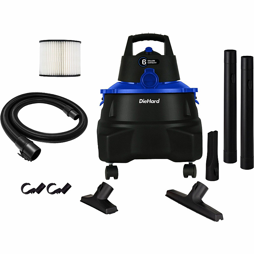 DieHard 6-Gallon 4.5 HP Wet/Dry Vacuum 6 gal - Hose, Wand, Filter, Crevice Tool, Pick-up Tool, Floor Tool - Wet Surface, Dry Surface - 10 ft Cable Length - 7 ft Hose Length - Rich Black (DH7000801)