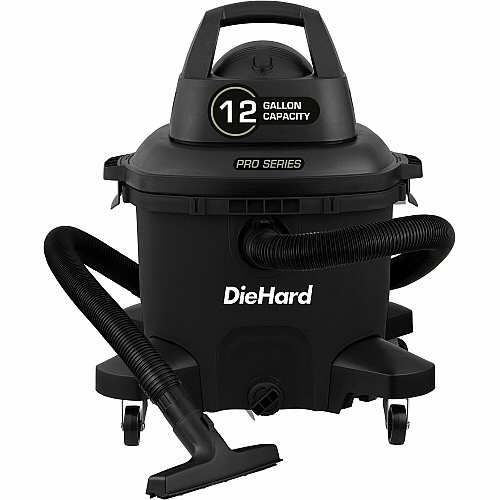 DieHard 12-Gallon 6 HP Pro Series Wet/Dry Vacuum 12 gal - Squeegee, Hose, Wand, Filter, Crevice Tool, Pick-up Tool, Floor Tool - Wet Surface, Dry Surface - 35 ft Cable Length - 8 ft Hose Length - Rich Black (DH7000601)