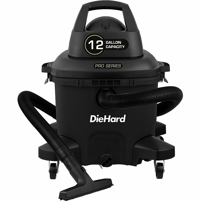 DieHard 12-Gallon 6 HP Pro Series Wet/Dry Vacuum 12 gal - Squeegee, Hose, Wand, Filter, Crevice Tool, Pick-up Tool, Floor Tool - Wet Surface, Dry Surface - 35 ft Cable Length - 8 ft Hose Length - Rich Black (DH7000601)
