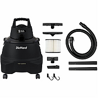 DieHard 9-Gallon 5.5 HP Pro Wet/Dry Vacuum 9 gal - Squeegee, Hose, Wand, Filter, Crevice Tool, Pick-up Tool, Floor Tool - Wet Surface, Dry Surface - 10 ft Cable Length - 7 ft Hose Length - Rich Black (DH7000501)