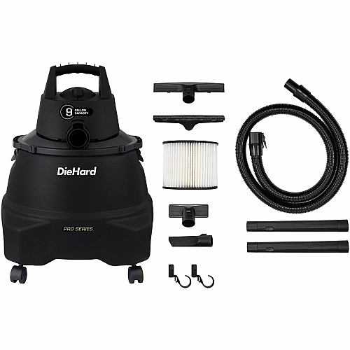 DieHard 9-Gallon 5.5 HP Pro Wet/Dry Vacuum 9 gal - Squeegee, Hose, Wand, Filter, Crevice Tool, Pick-up Tool, Floor Tool - Wet Surface, Dry Surface - 10 ft Cable Length - 7 ft Hose Length - Rich Black (DH7000501)