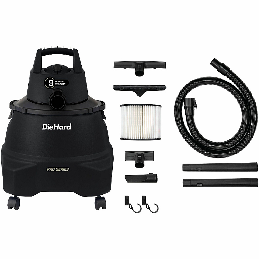 DieHard 9-Gallon 5.5 HP Pro Wet/Dry Vacuum 9 gal - Squeegee, Hose, Wand, Filter, Crevice Tool, Pick-up Tool, Floor Tool - Wet Surface, Dry Surface - 10 ft Cable Length - 7 ft Hose Length - Rich Black (DH7000501)