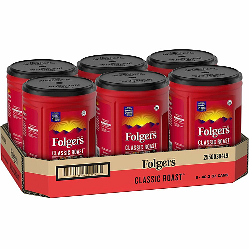 Folgers Ground Canister Classic Roast Coffee Medium - 40.3 oz Per Canister - Ground - Mountain Grown, Classic Roast - Kosher - 6 / Carton (30419CT)