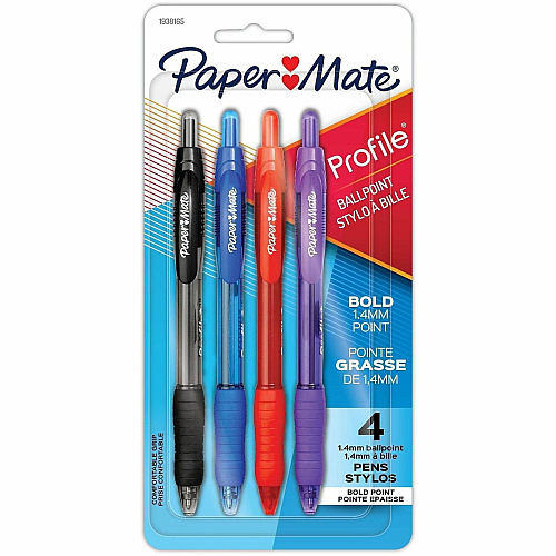 Paper Mate Profile Ballpoint Pen 1.4 mm Super Bold Pen Point - Retractable - Assorted Ink - Black, Blue, Red, Purple Barrel - 4 / Pack (1938165)