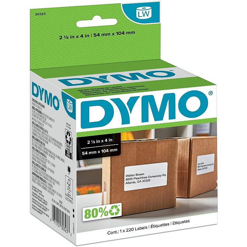 Dymo LW Shipping Labels x 2 1/8" Width x 4" Length - Roll - Direct Thermal - White - Peel & Stick, Strong, Self-adhesive, Jam-free - 220 / Roll - 10 / Carton (30323CT)