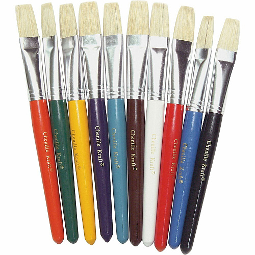 Pacon Color Coded Flat Stubby Brushes 7.50" Handle - Aluminum Ferrule - 10 / Set (P5184)